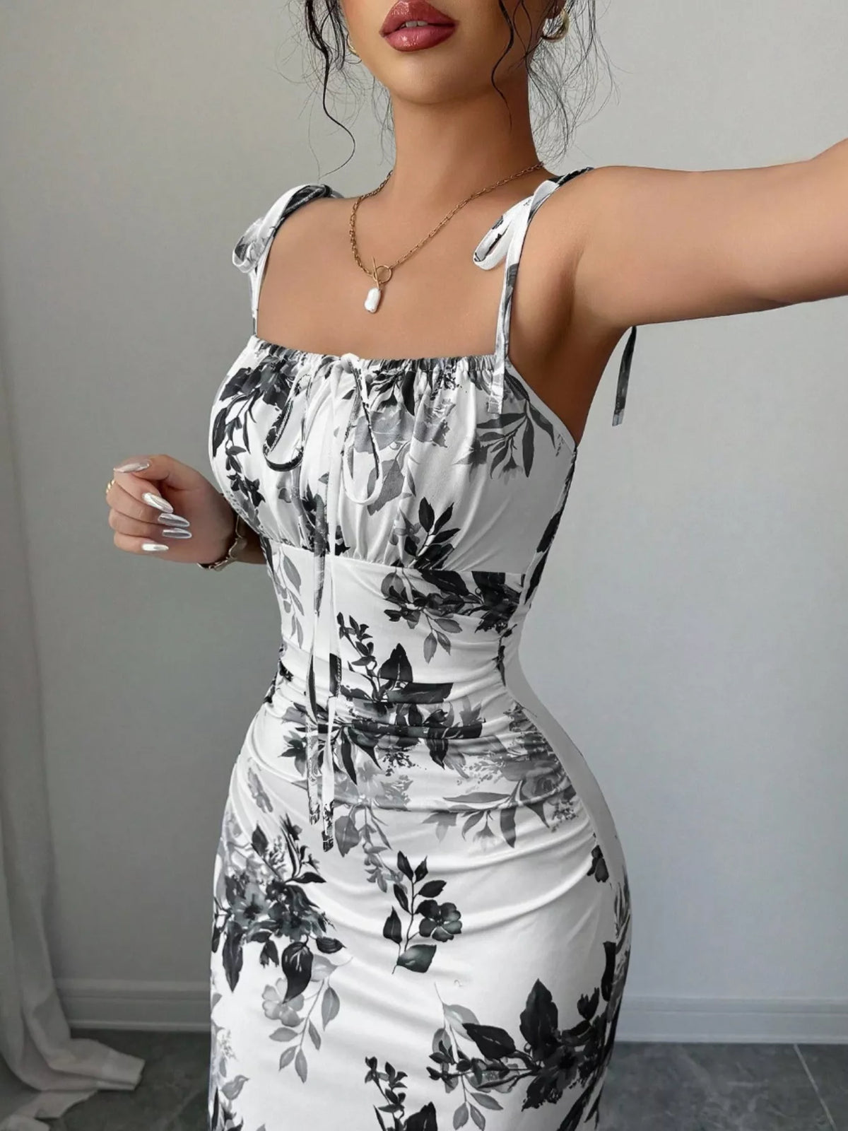 Printed Tie Strap Slit Maxi Dress - Brinxx Couture