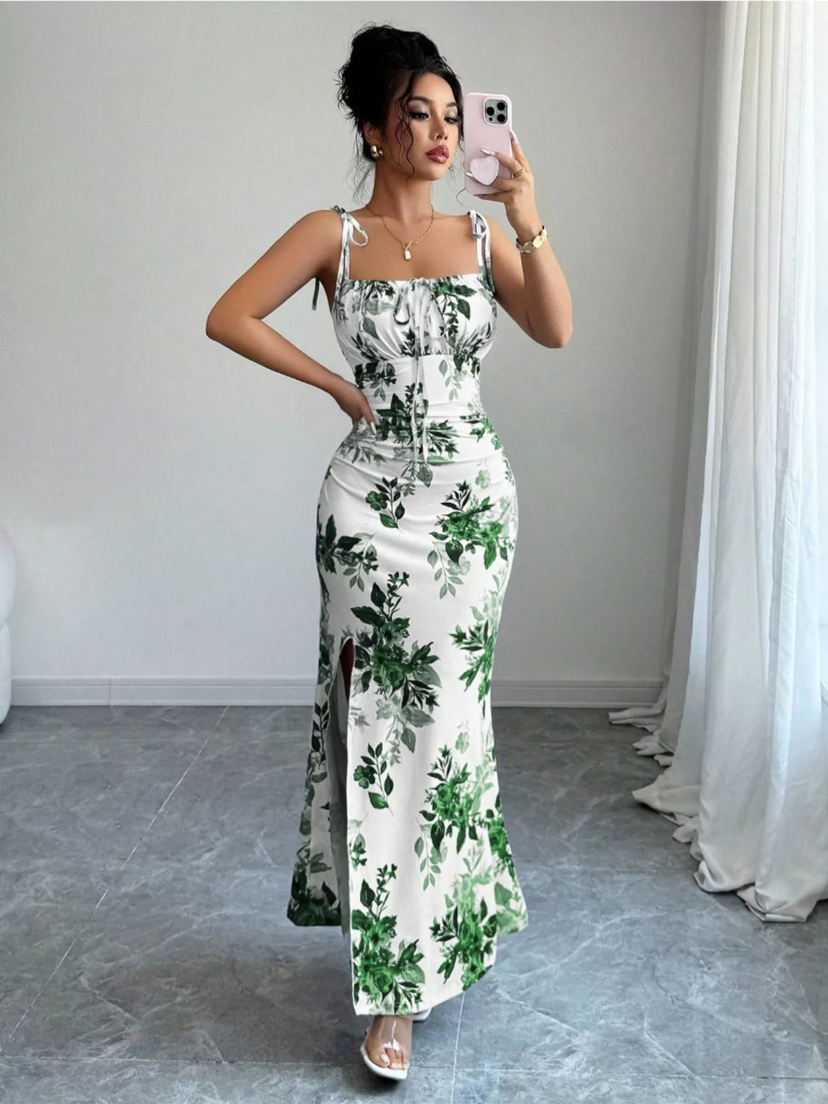 Printed Tie Strap Slit Maxi Dress - Brinxx Couture