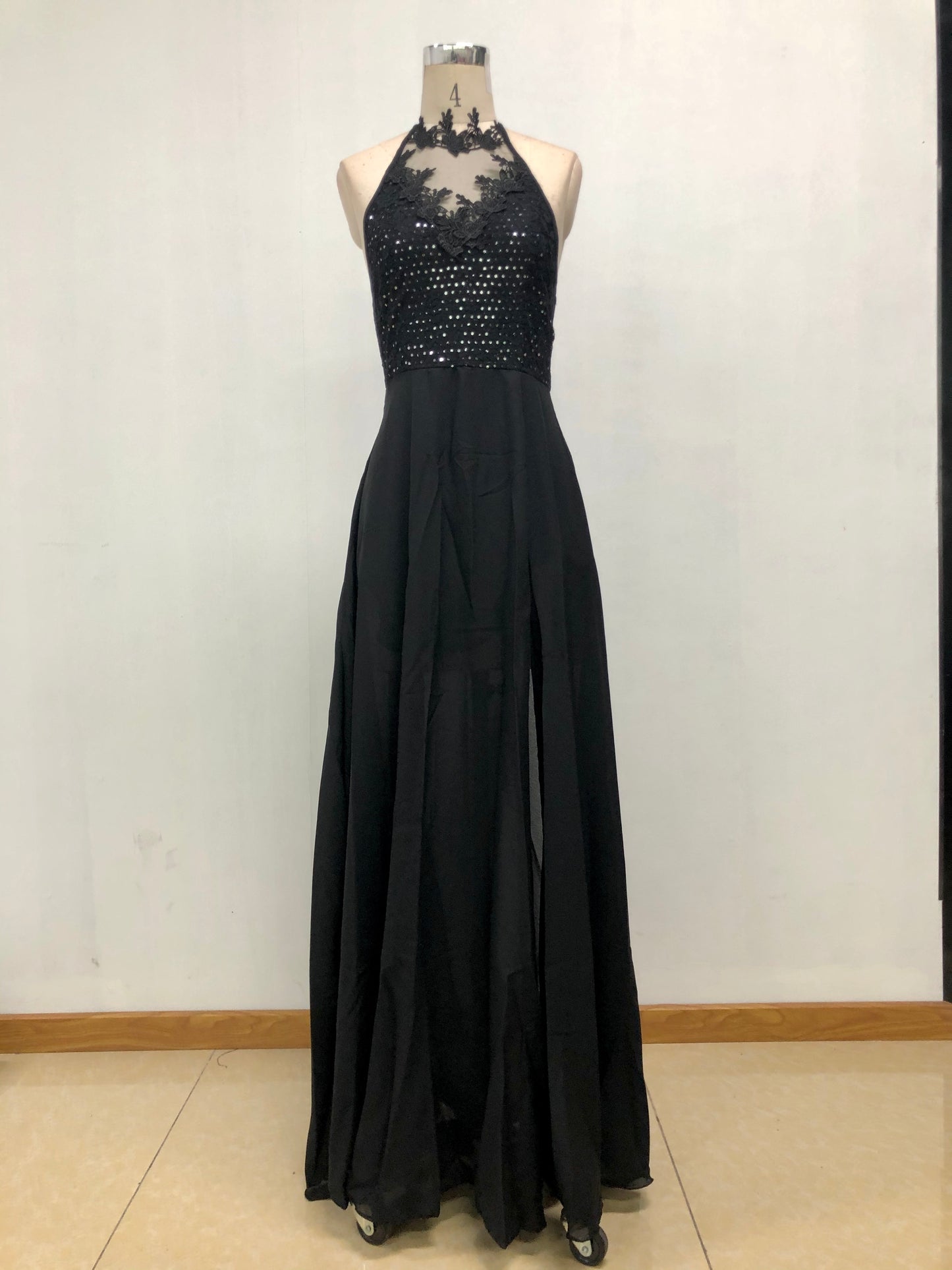 Halter Lace Split Chiffon Prom Dress - Brinxx Couture