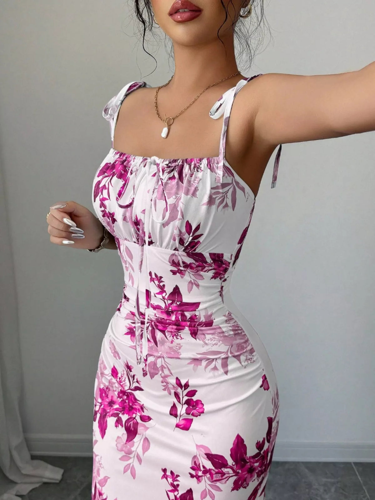 Printed Tie Strap Slit Maxi Dress - Brinxx Couture