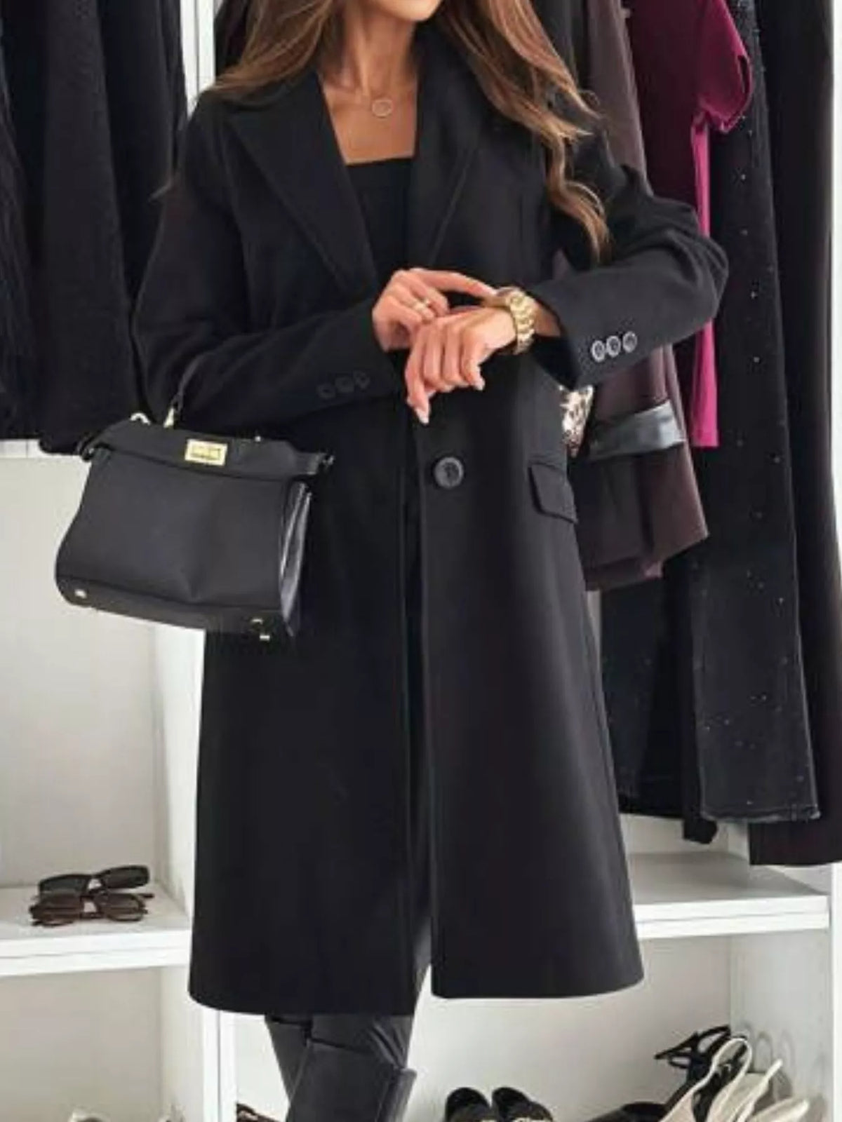Lapel Collar Long Sleeve Coat - Brinxx Couture