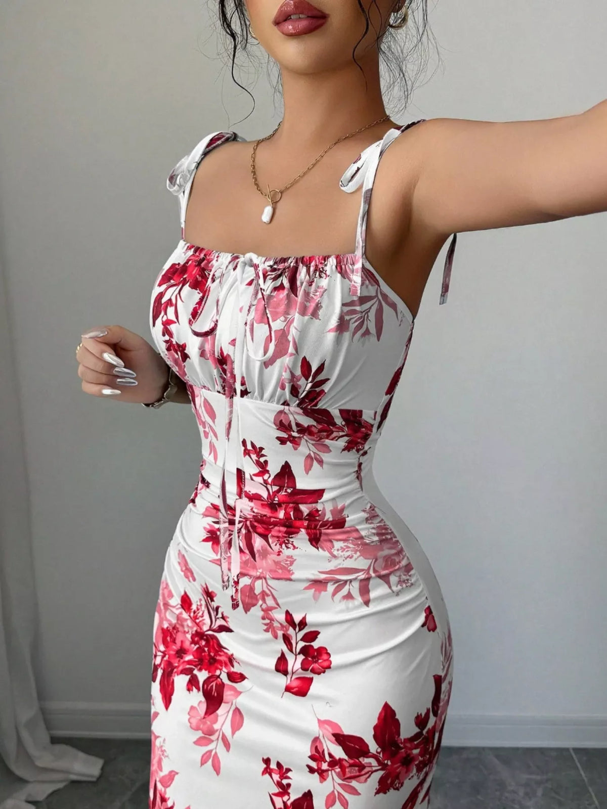 Printed Tie Strap Slit Maxi Dress - Brinxx Couture