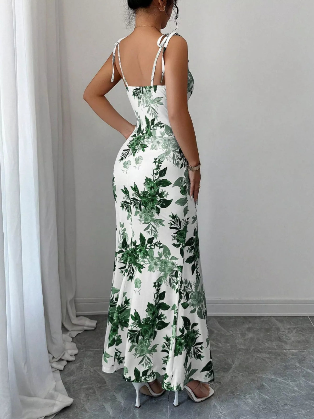 Printed Tie Strap Slit Maxi Dress - Brinxx Couture