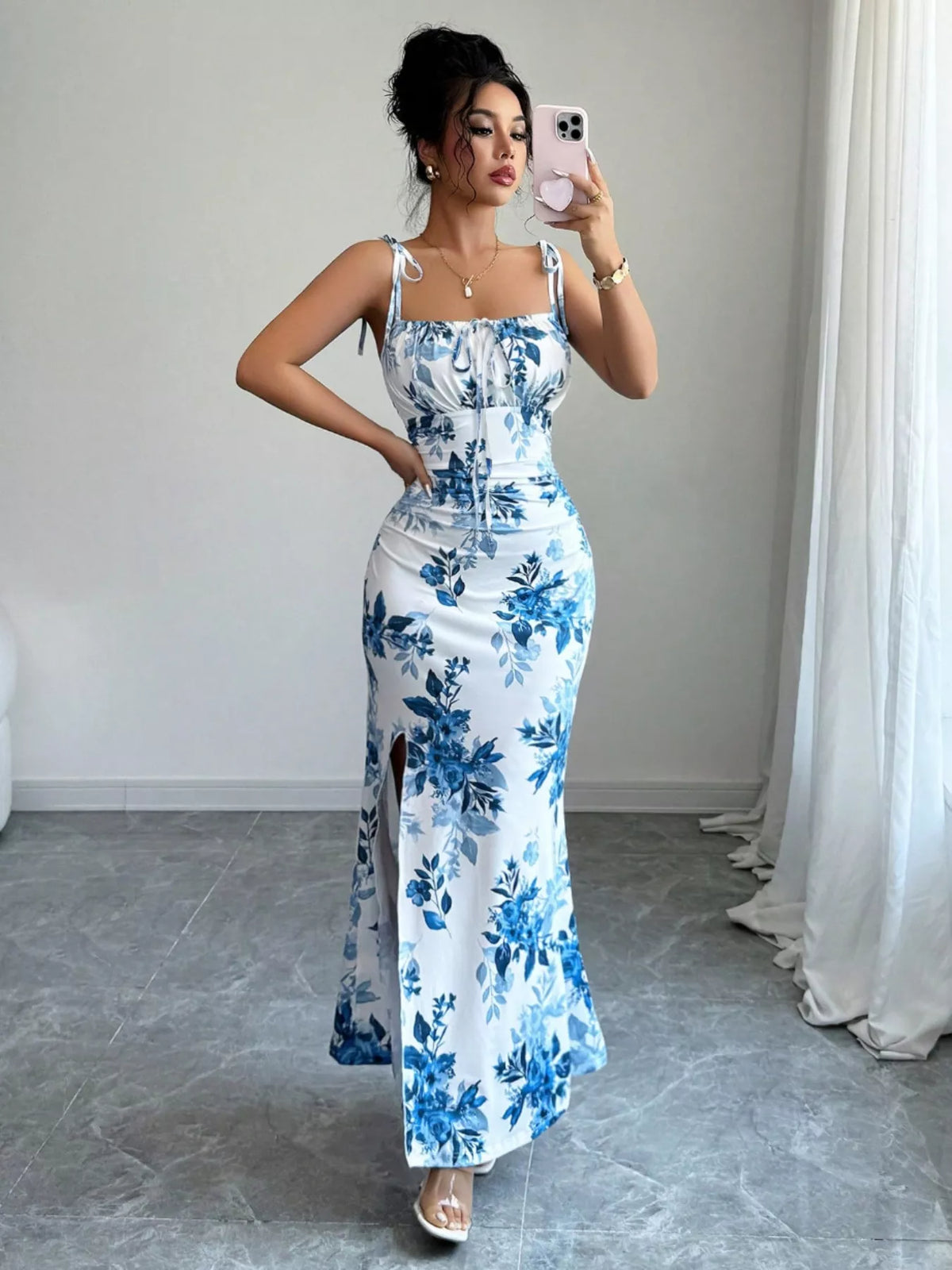 Printed Tie Strap Slit Maxi Dress - Brinxx Couture