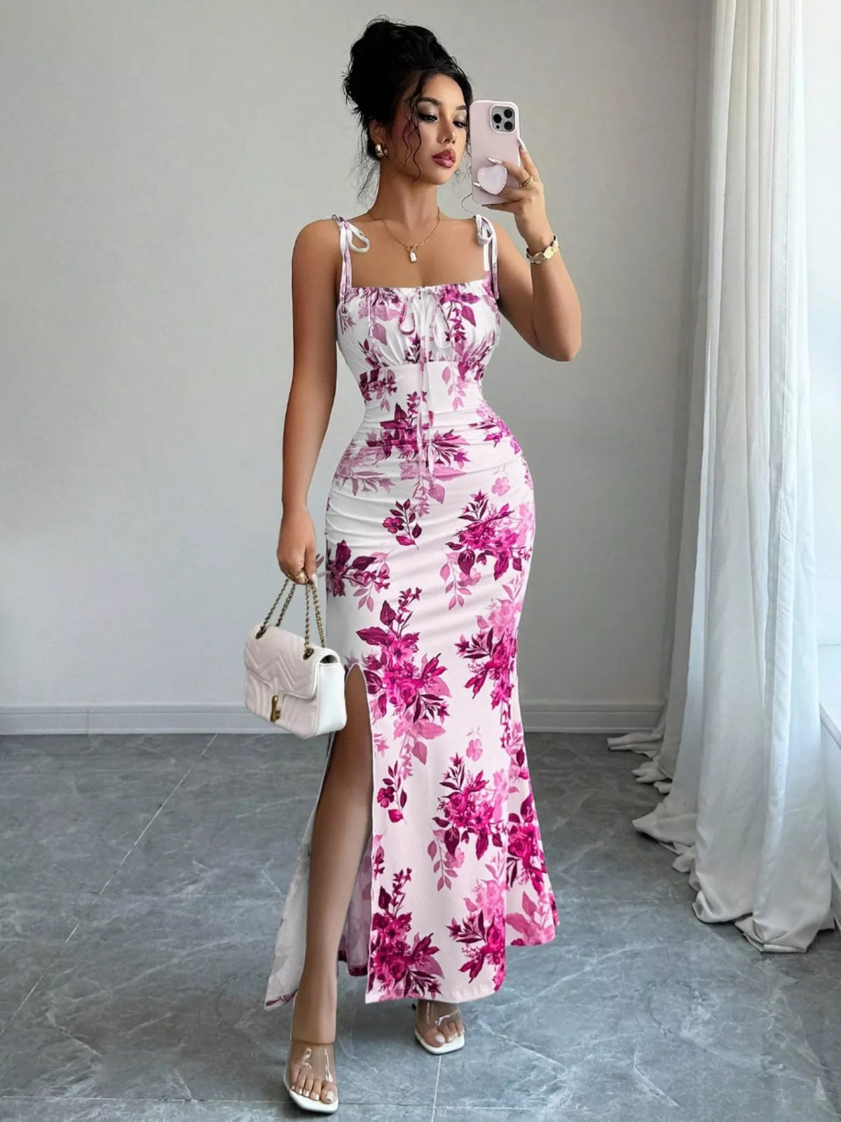 Printed Tie Strap Slit Maxi Dress - Brinxx Couture