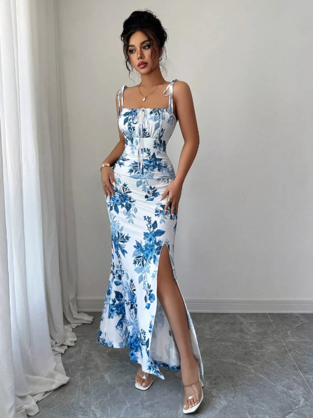 Printed Tie Strap Slit Maxi Dress - Brinxx Couture