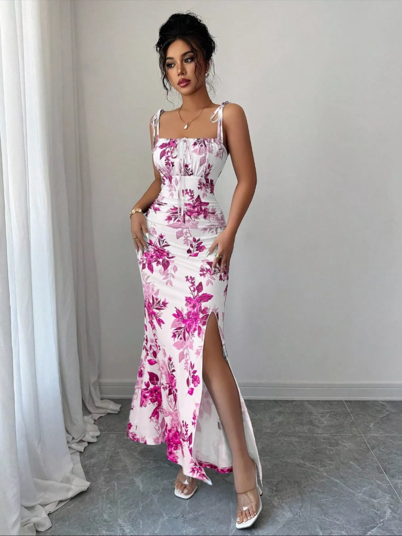 print tie dress Printed Strap Slit Maxi Yellow TA a ruched seamed bodice Look Good Policy Lace color:Cape coat ribbon