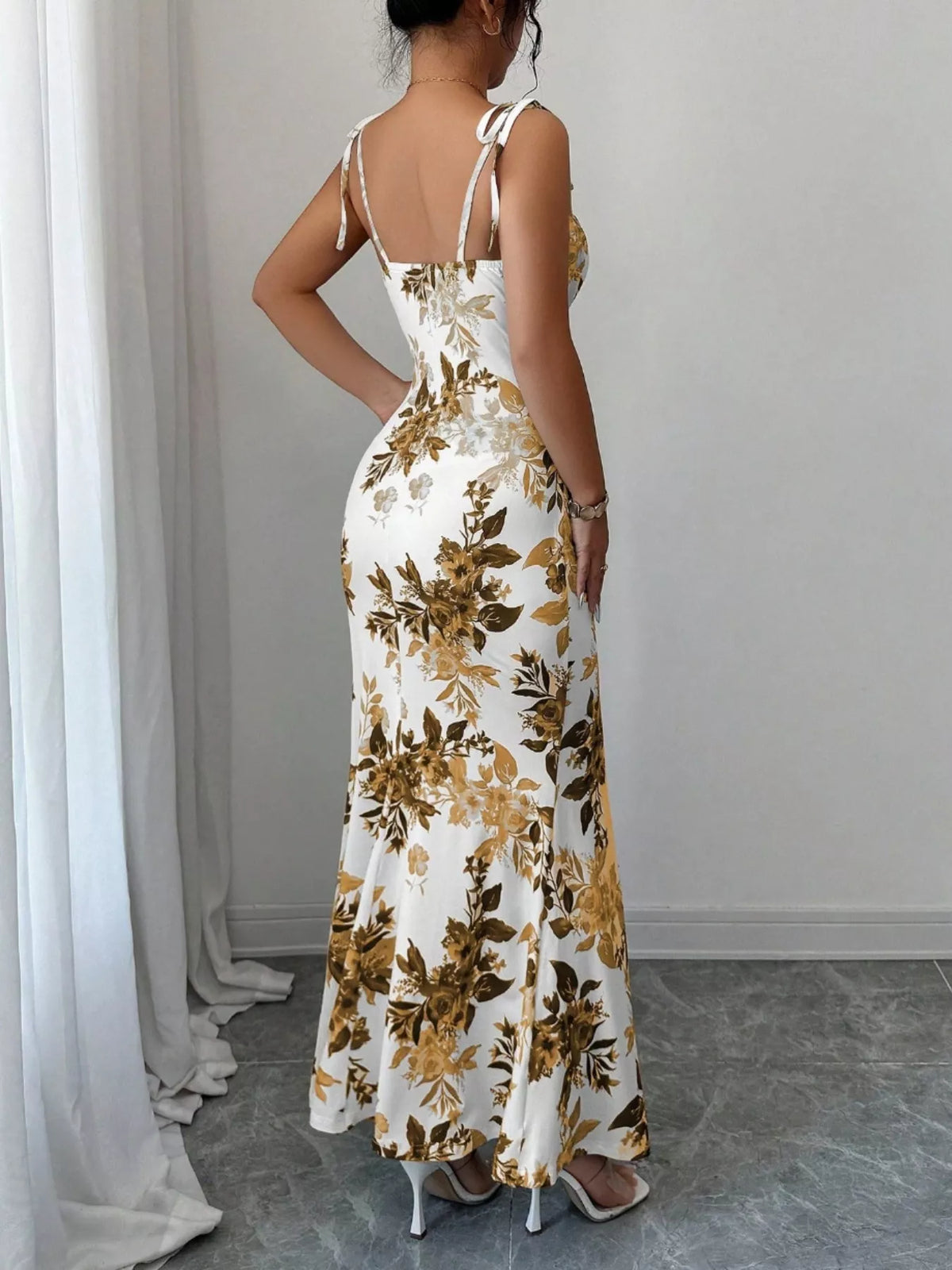 Printed Tie Strap Slit Maxi Dress - Brinxx Couture