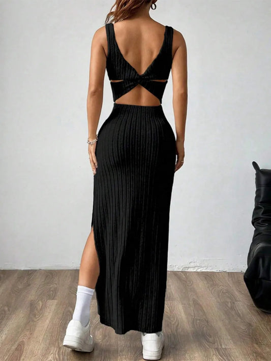 Cutout Square Neck Wide Strap Knit Dress - Brinxx Couture