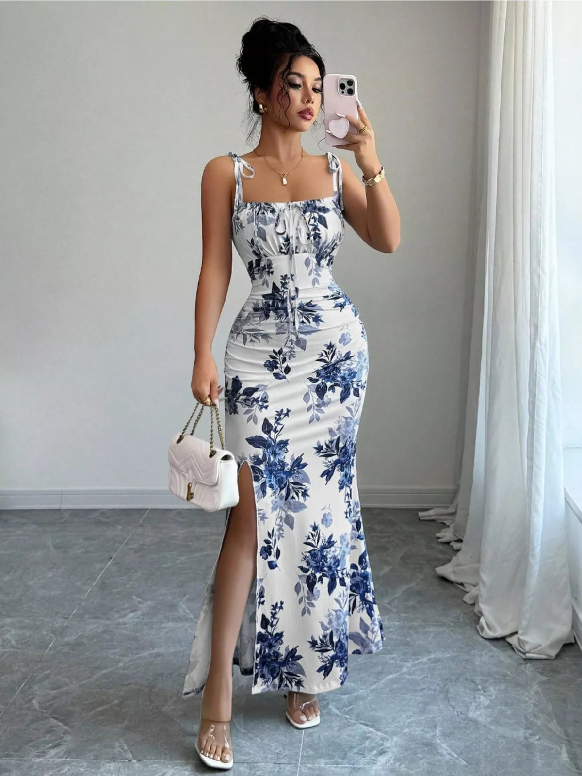 Printed Tie Strap Slit Maxi Dress - Brinxx Couture