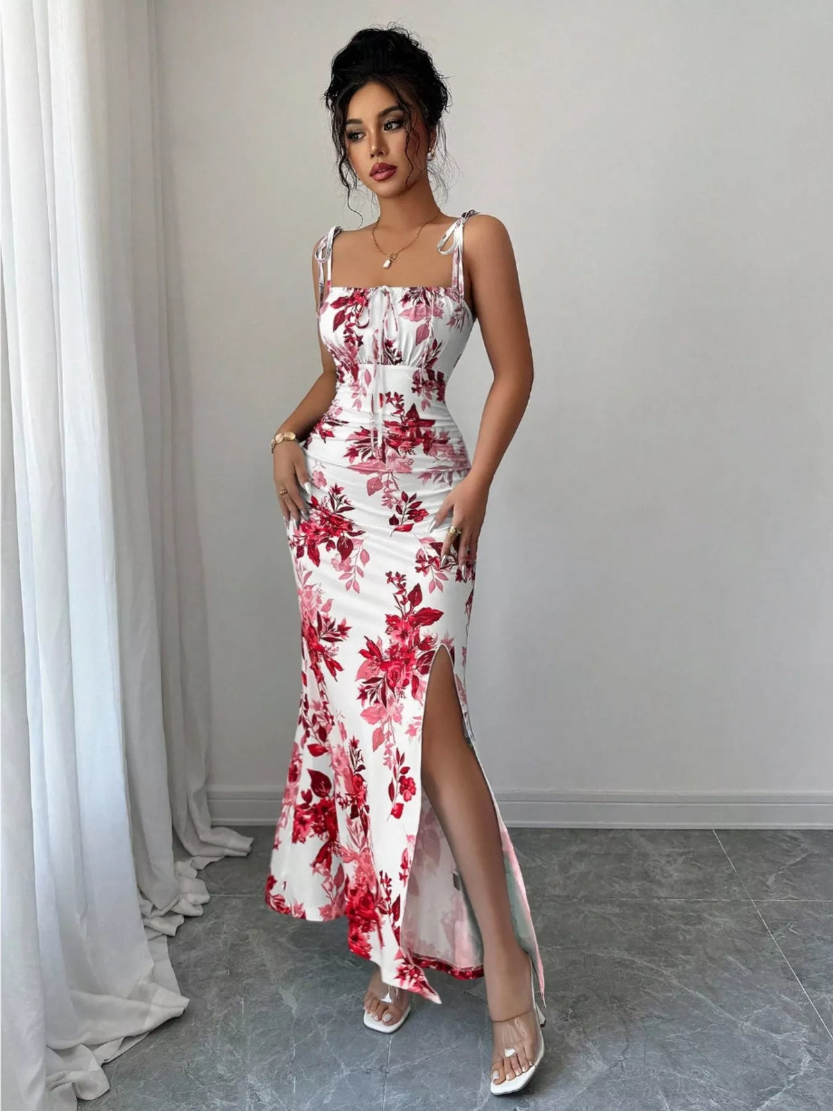 Printed Tie Strap Slit Maxi Dress - Brinxx Couture