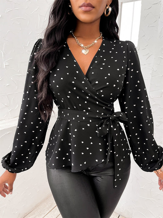 Heart Print Surplice Balloon Sleeve Blouse - Brinxx Couture