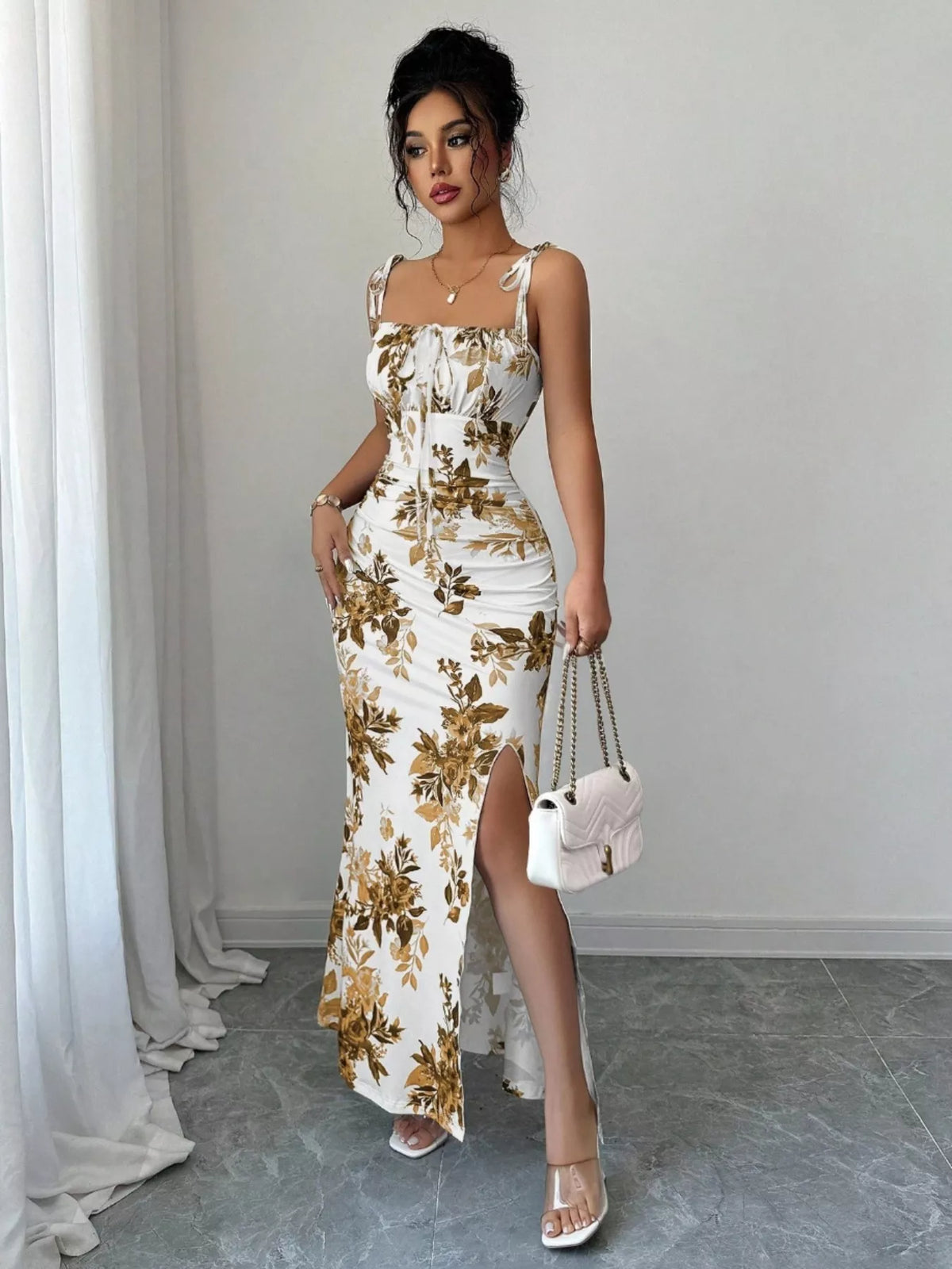 Printed Tie Strap Slit Maxi Dress - Brinxx Couture