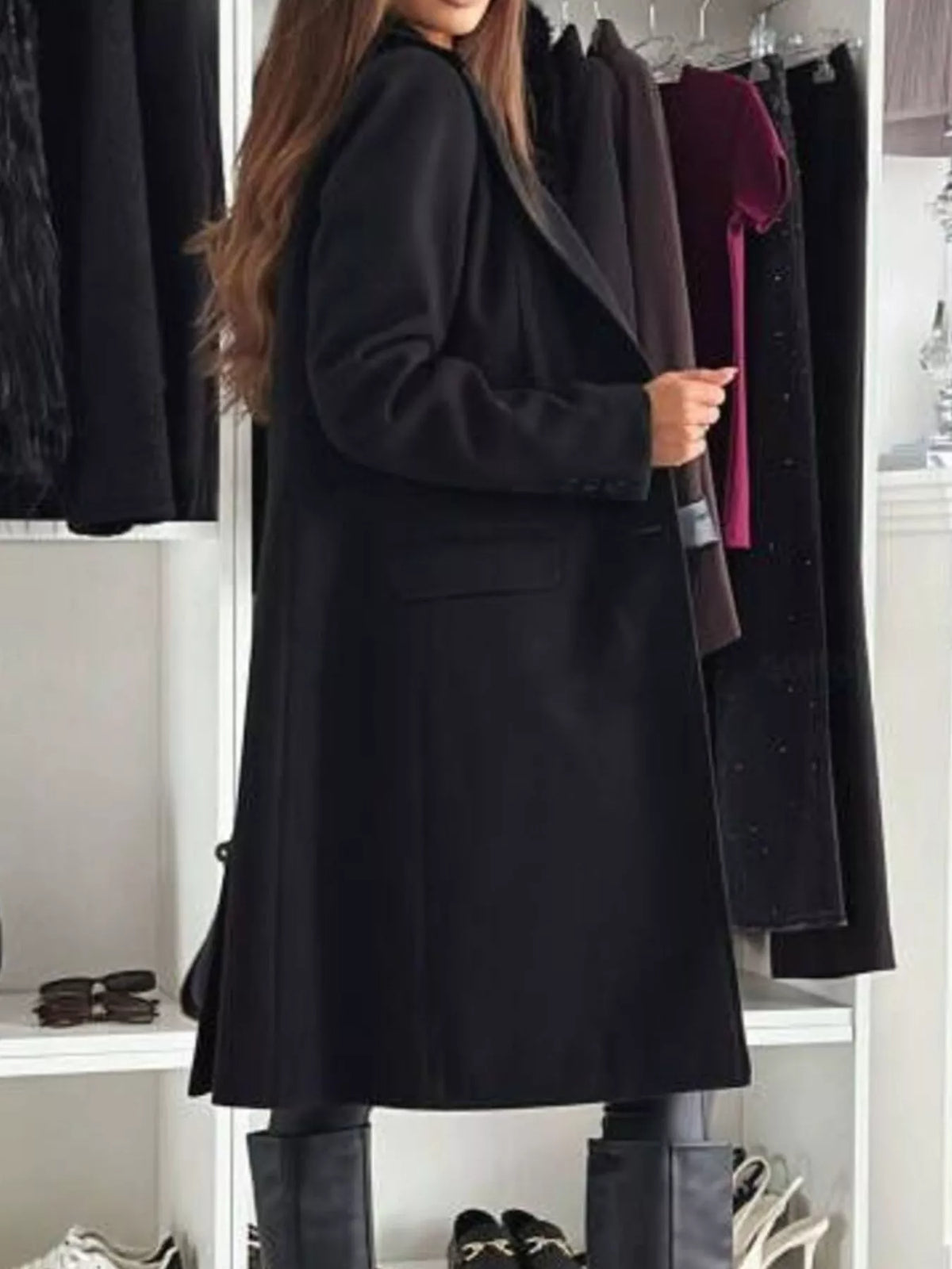 Lapel Collar Long Sleeve Coat - Brinxx Couture
