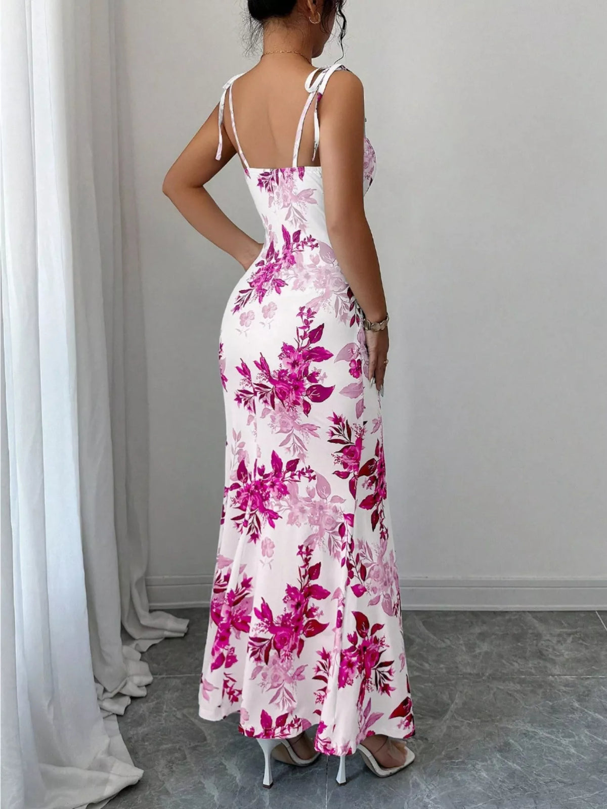 Printed Tie Strap Slit Maxi Dress - Brinxx Couture
