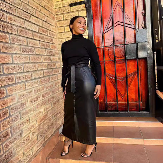 Faux Leather Buckle Slit Leather Belted Skirt - Brinxx Couture