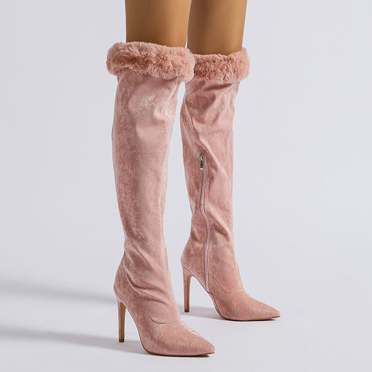 Knee High Pointed Toe High Heel with Fur Trim - Brinxx Couture