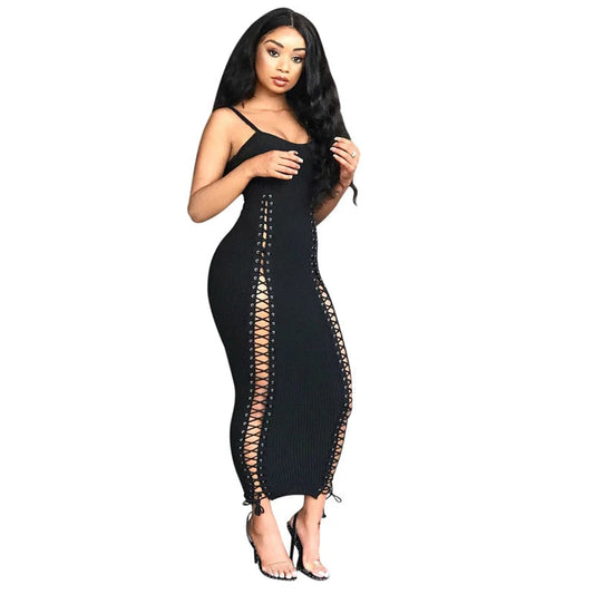 Spaghetti Strap Lace Up Black Dress - Brinxx Couture