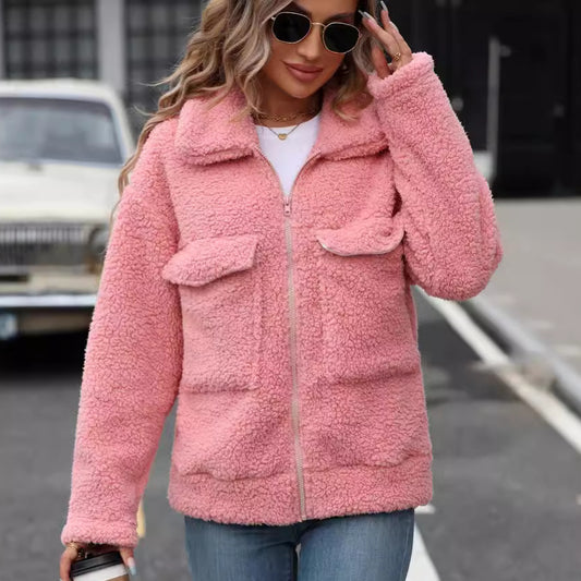 Lapel Large Pocket Zip-Up Plush Coat - Brinxx Couture