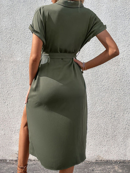 Lapel Tie Solid Color Dress - Brinxx Couture