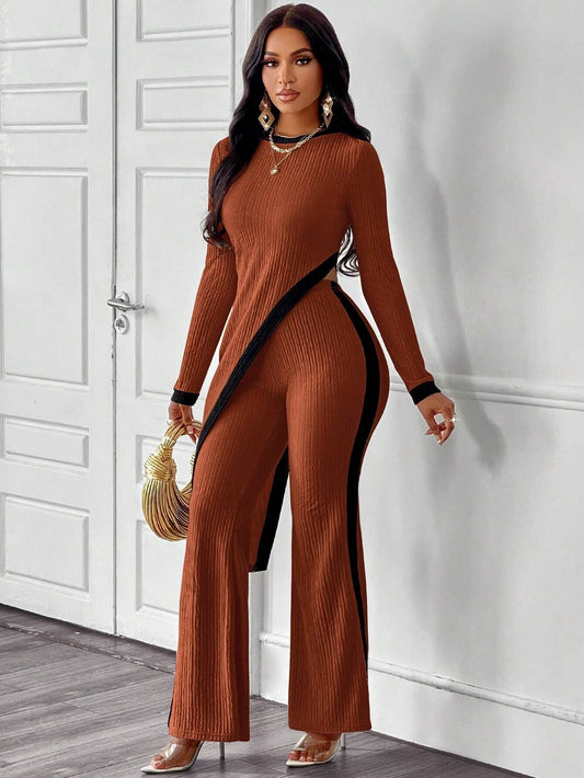 Long Sleeve Contrast Split Two Piece Set - Brinxx Couture