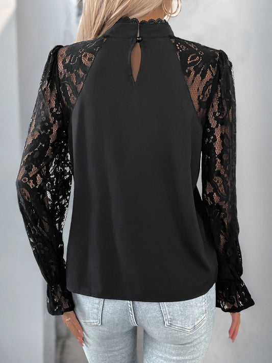 Mock Neck Lace Long Sleeve Blouse - Brinxx Couture