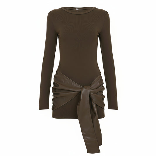 Ruched Bodycon Dress with Bow Detail - Long Sleeve - Brinxx Couture