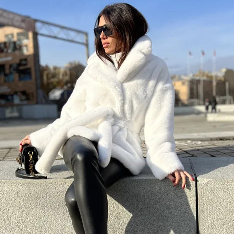 White Plush Faux Fur Belted Coat - Brinxx Couture