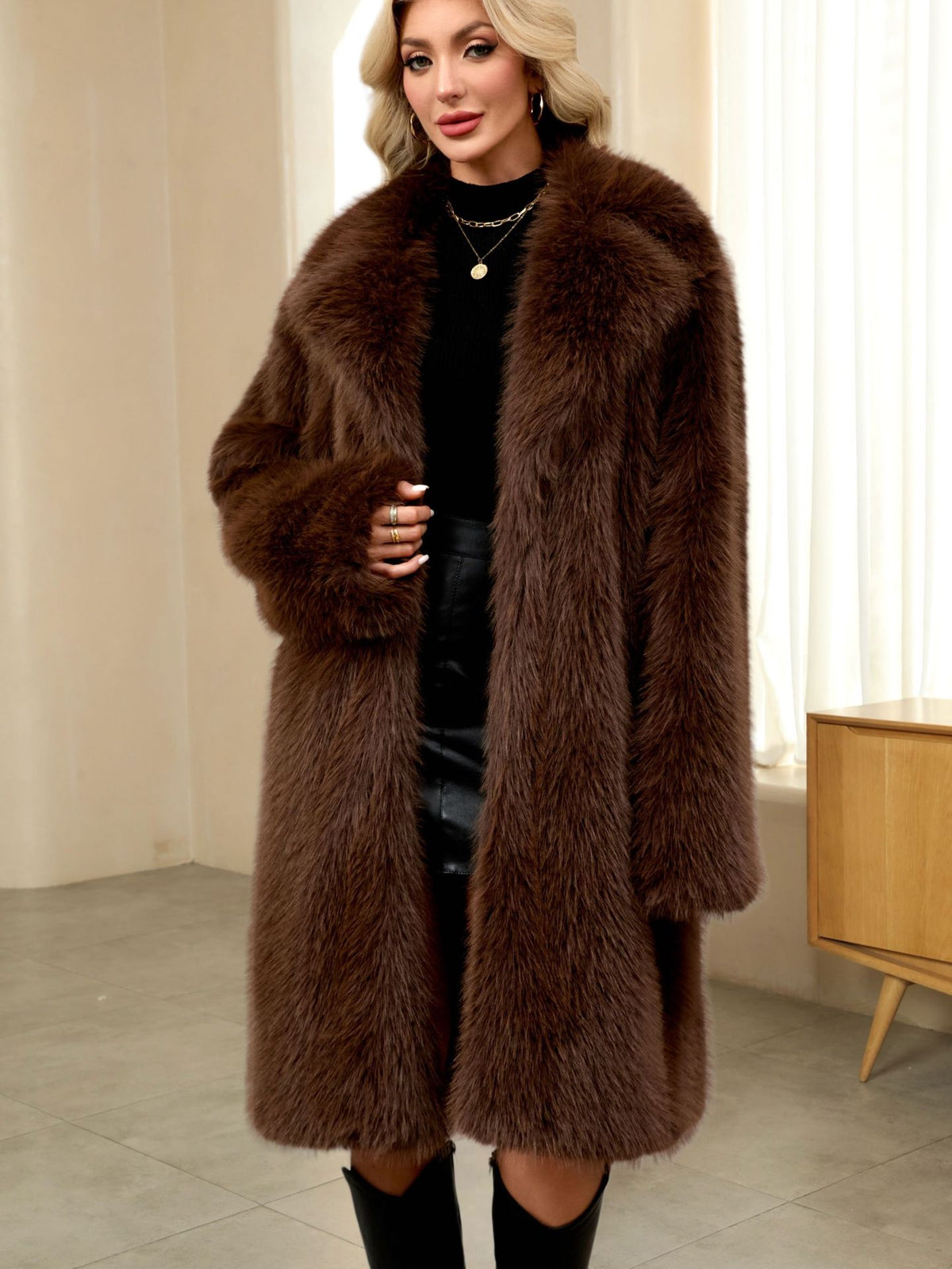 Knee Length Faux Fur Coat - Brinxx Cuture