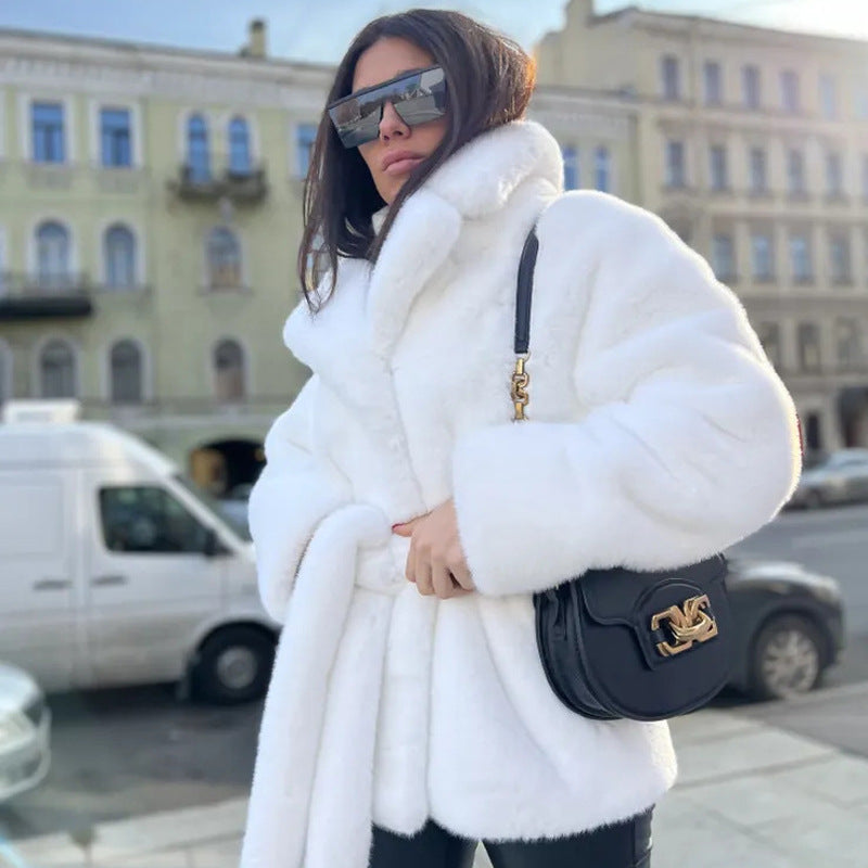 White Plush Faux Fur Belted Coat - Brinxx Couture