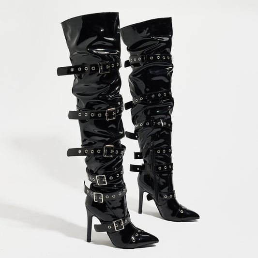 Over-the-Knee Pointed Toe Heel Boots with Zipper - Brinxx Couture