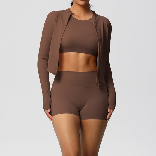 Zipper Jacket Three Piece Active Short Set - Brinxx Couture