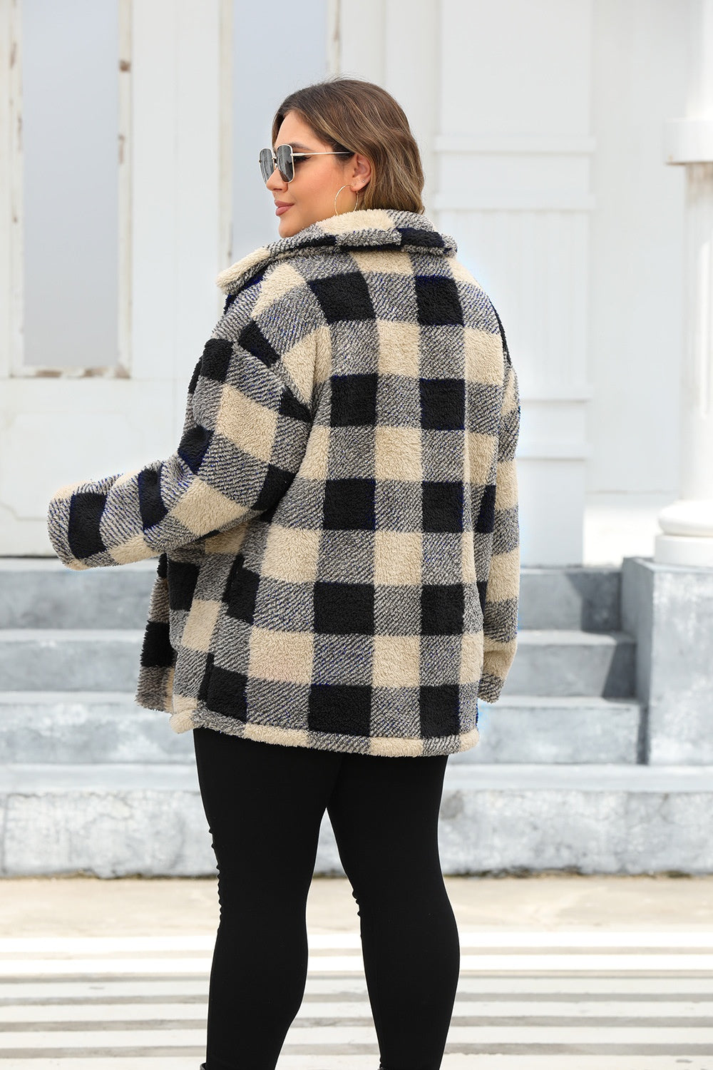 Plus Size Plaid Button Up Long Sleeve Coat - Brinxx Couture