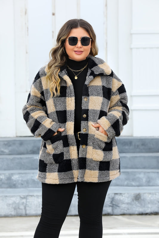Plus Size Plaid Button Up Long Sleeve Coat - Brinxx Couture