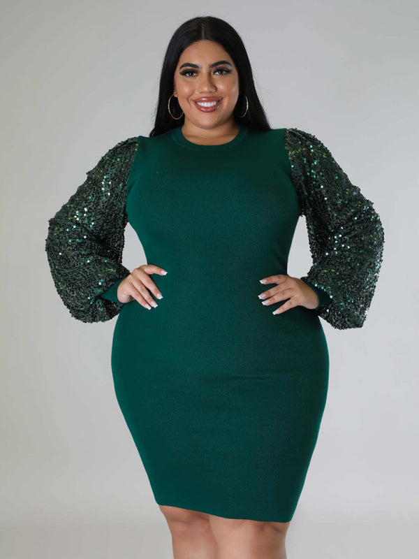 green sequin dress plus size Plus Size Sequin Puff Sleeve Dress