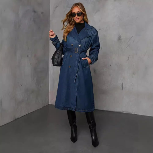 Retro Denim Windbreaker Coat With Belt - Brinxx Couture