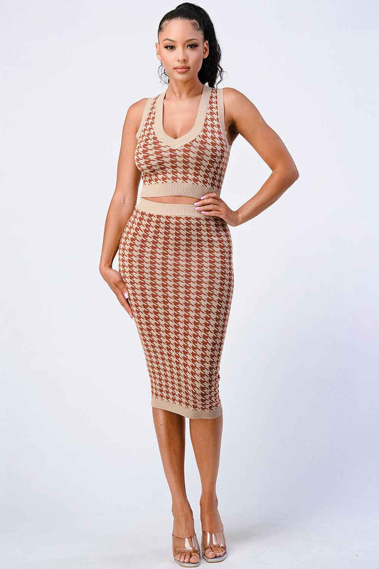 Rib Knit Houndstooth Top And Skirt Set - Brinxx Couture