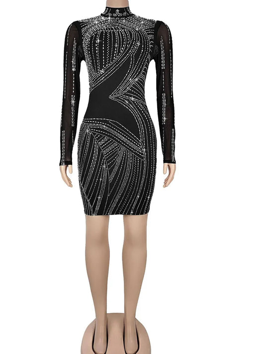 Black Mesh Rhinestone Party Dress - Crystal Glam - Brinxx Couture