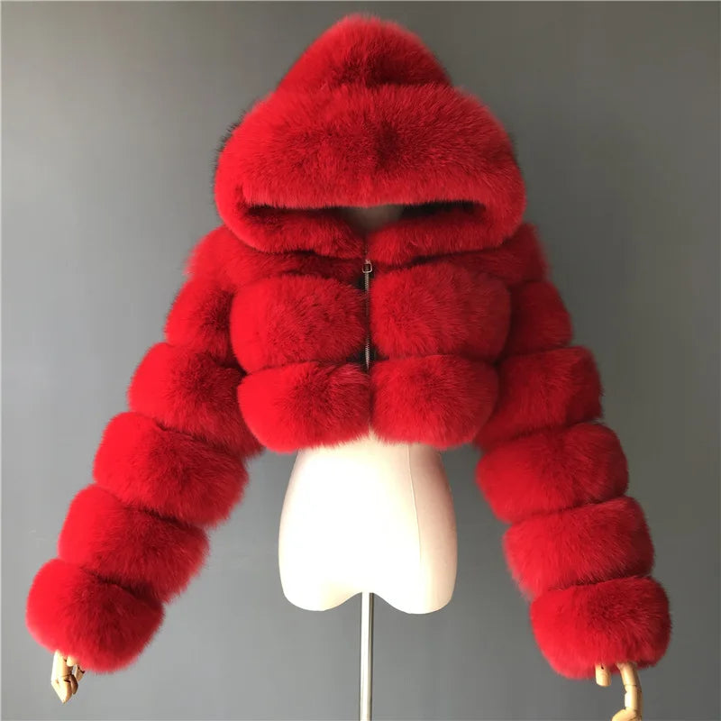 Hooded Faux Fur Cropped Jacket - Cozy Winter Coat - Brinxx Couture