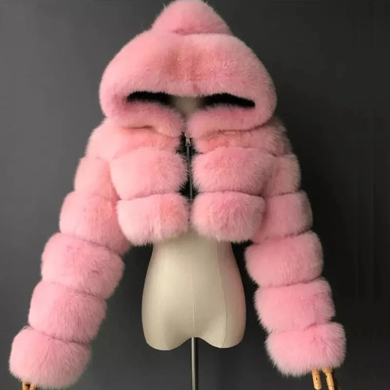 Hooded Faux Fur Cropped Jacket - Cozy Winter Coat - Brinxx Couture