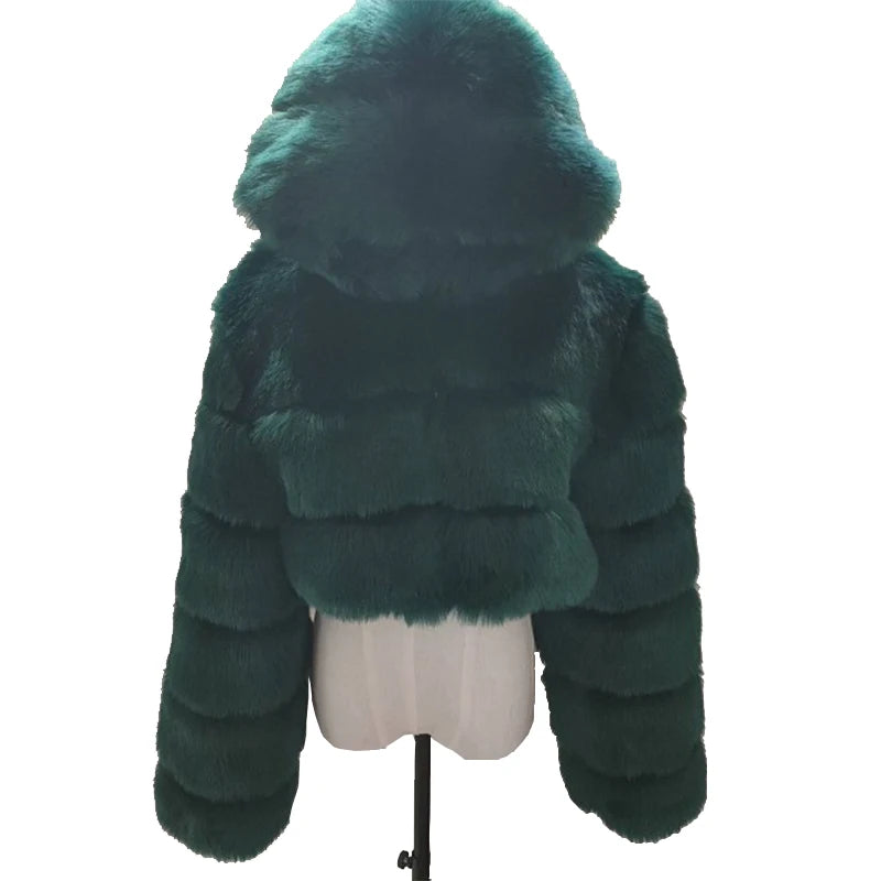 Hooded Faux Fur Cropped Jacket - Cozy Winter Coat - Brinxx Couture