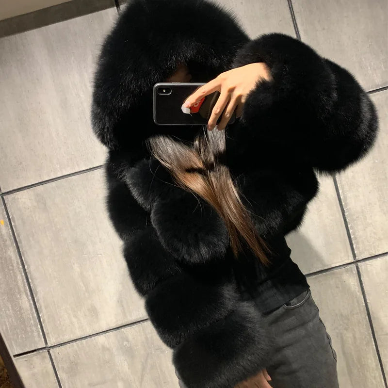 Hooded Faux Fur Cropped Jacket - Cozy Winter Coat - Brinxx Couture