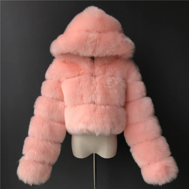 Hooded Faux Fur Cropped Jacket - Cozy Winter Coat - Brinxx Couture
