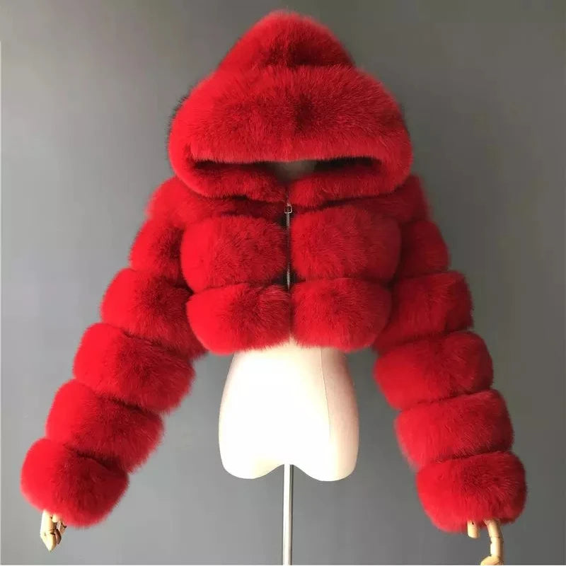 Hooded Faux Fur Cropped Jacket - Cozy Winter Coat - Brinxx Couture