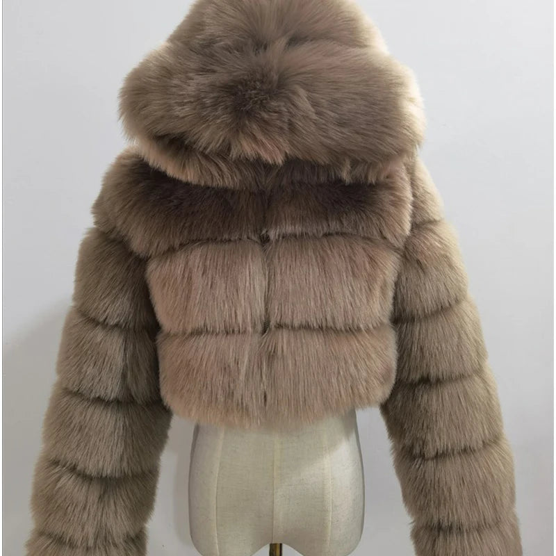 Hooded Faux Fur Cropped Jacket - Cozy Winter Coat - Brinxx Couture