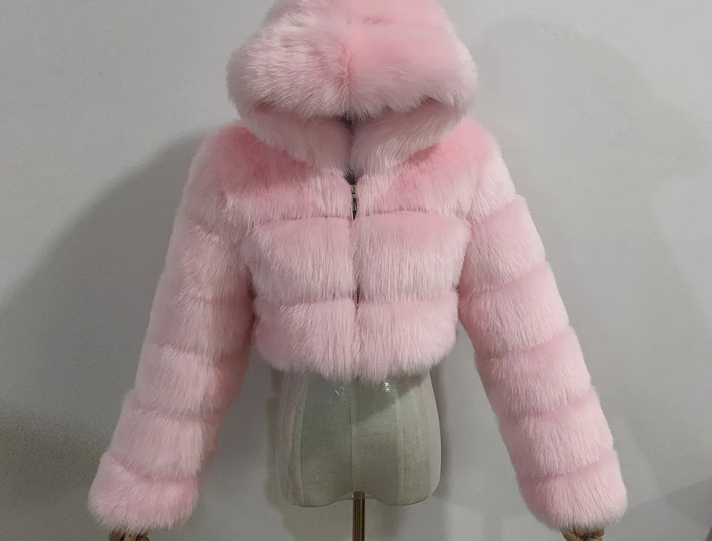 Hooded Faux Fur Cropped Jacket - Cozy Winter Coat - Brinxx Couture