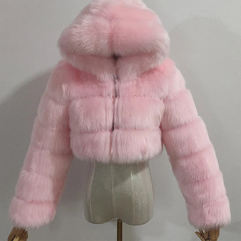 Hooded Faux Fur Cropped Jacket - Cozy Winter Coat - Brinxx Couture