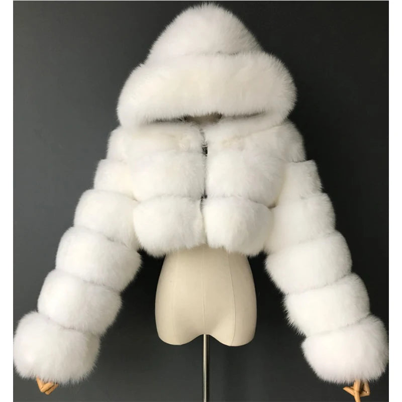 Hooded Faux Fur Cropped Jacket - Cozy Winter Coat - Brinxx Couture