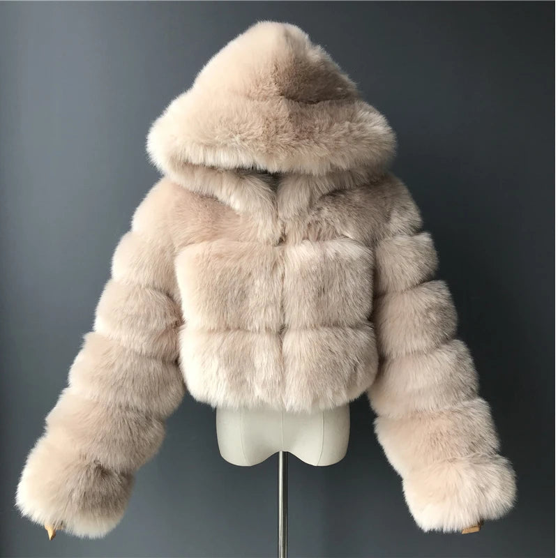 Hooded Faux Fur Cropped Jacket - Cozy Winter Coat - Brinxx Couture