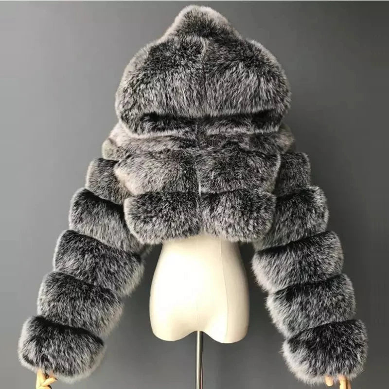 Hooded Faux Fur Cropped Jacket - Cozy Winter Coat - Brinxx Couture